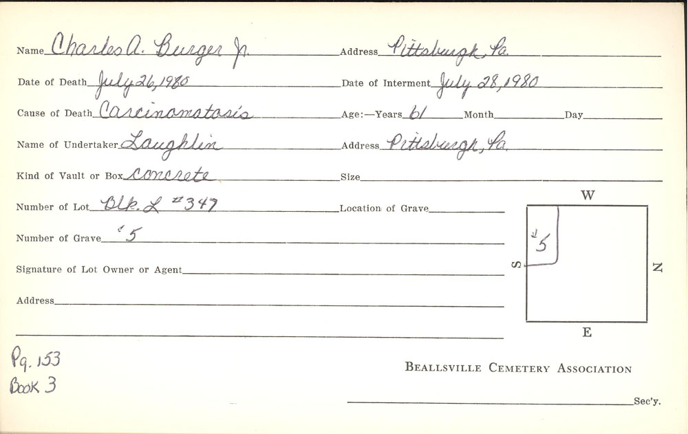 Charles A. Burger Jr. burial card